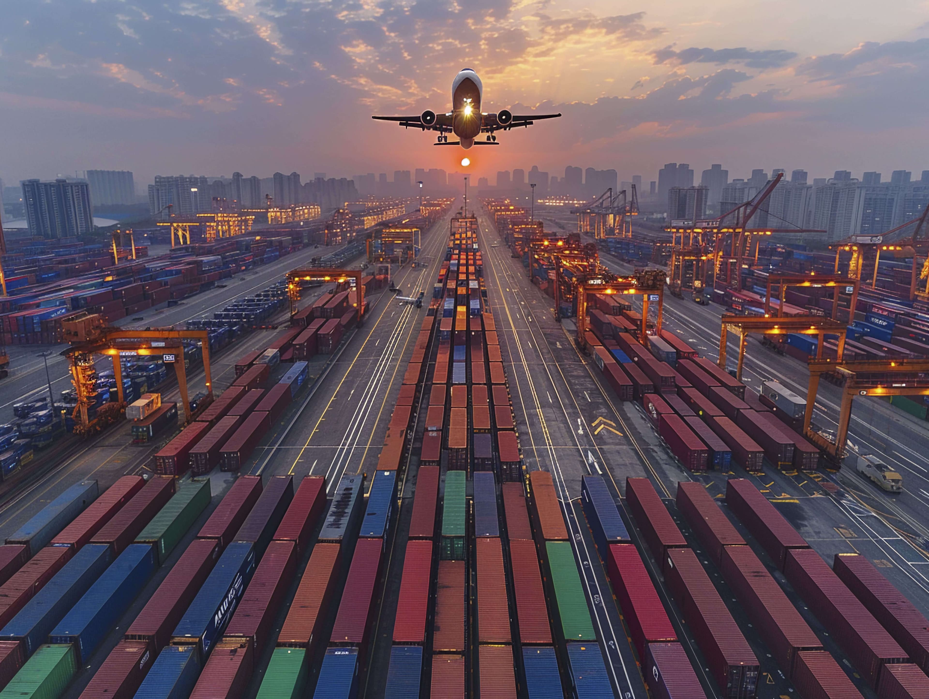 Cargo terminal at sunset with airplane