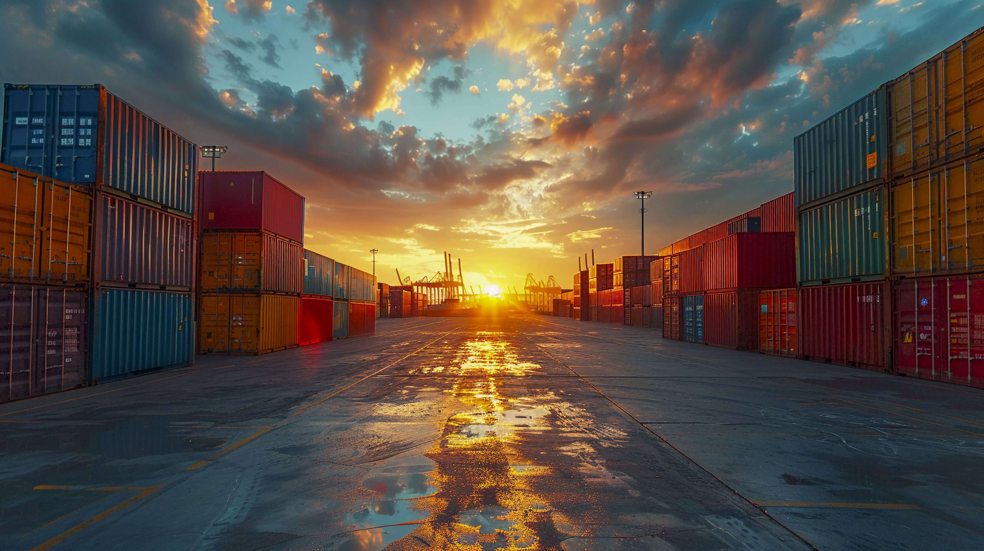 Cargo terminal at sunset with airplane